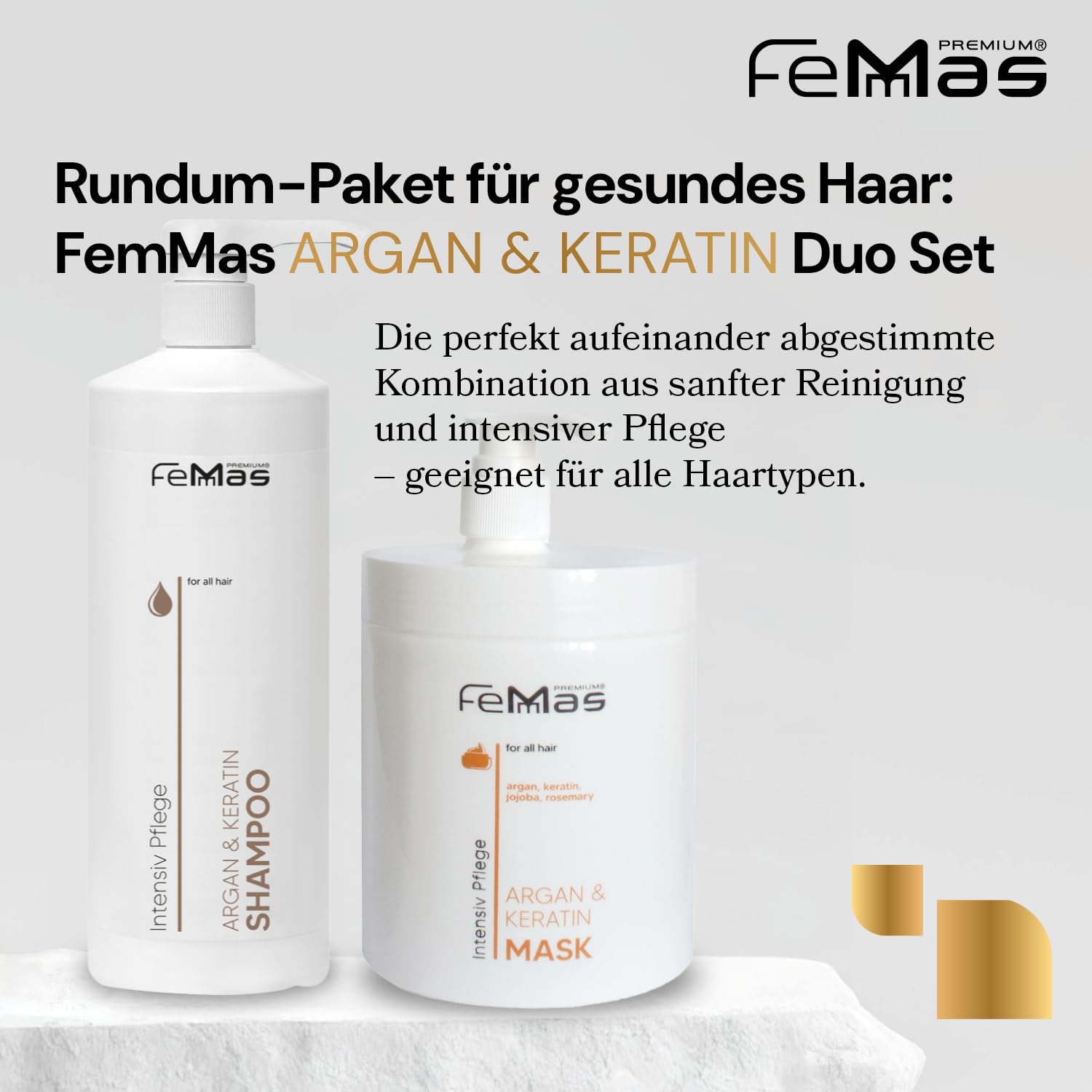 FemMas Argan & Keratin Shampoo 1L + FemMas Argan & Keratin Maske 1L mit Pumpe