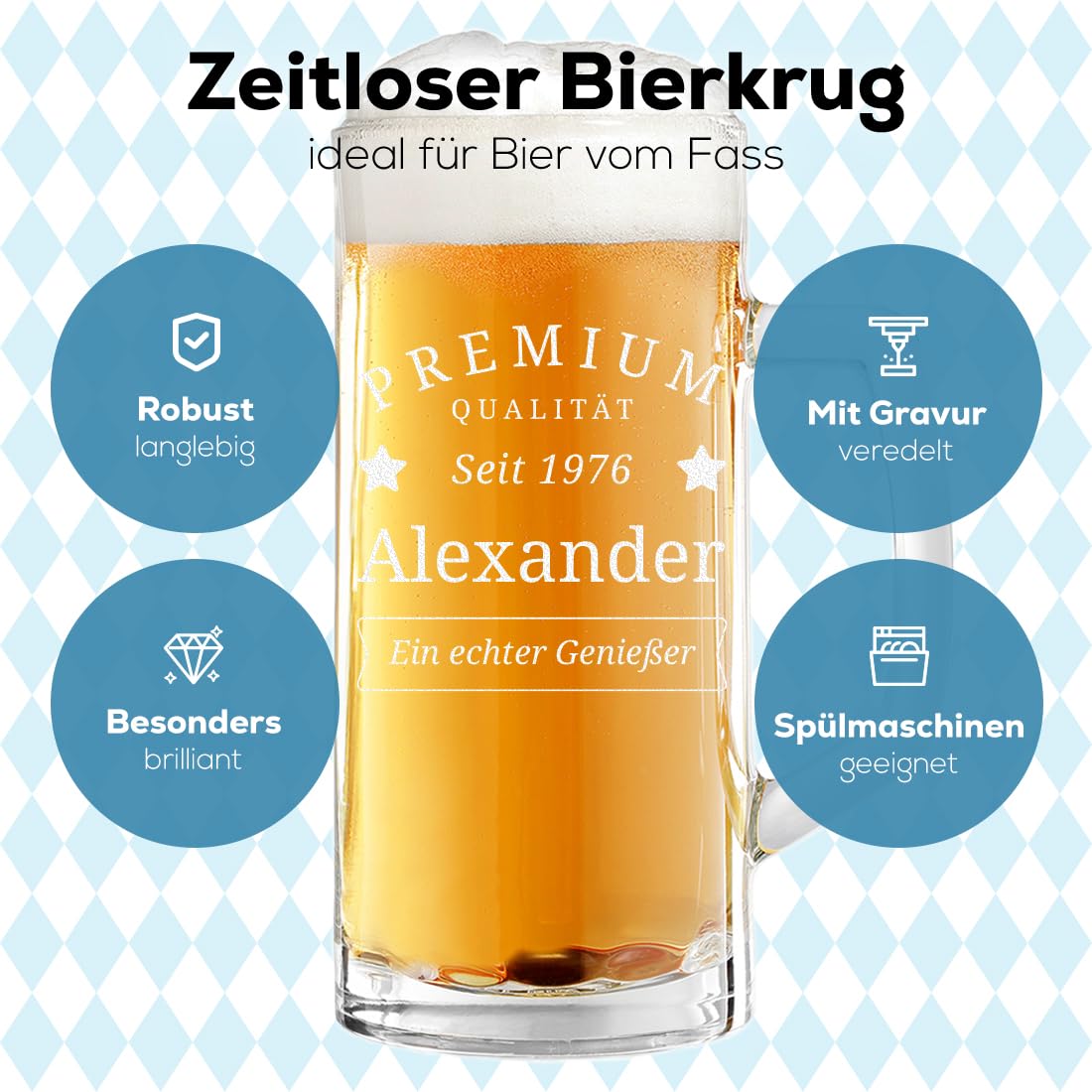 polar-effekt Bierkrug 0,5 L + Holzkiste mit Gravur und Druck personalisiert - Geschenke für Männer - zum Geburtstag - Bierglas für Pils und Weizenbier - BPA-frei