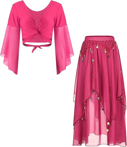 XUNZOO Conjunto de vestido de danza del vientre para mujer, top corto de tul con manga acampanada y falda de baile de gasa