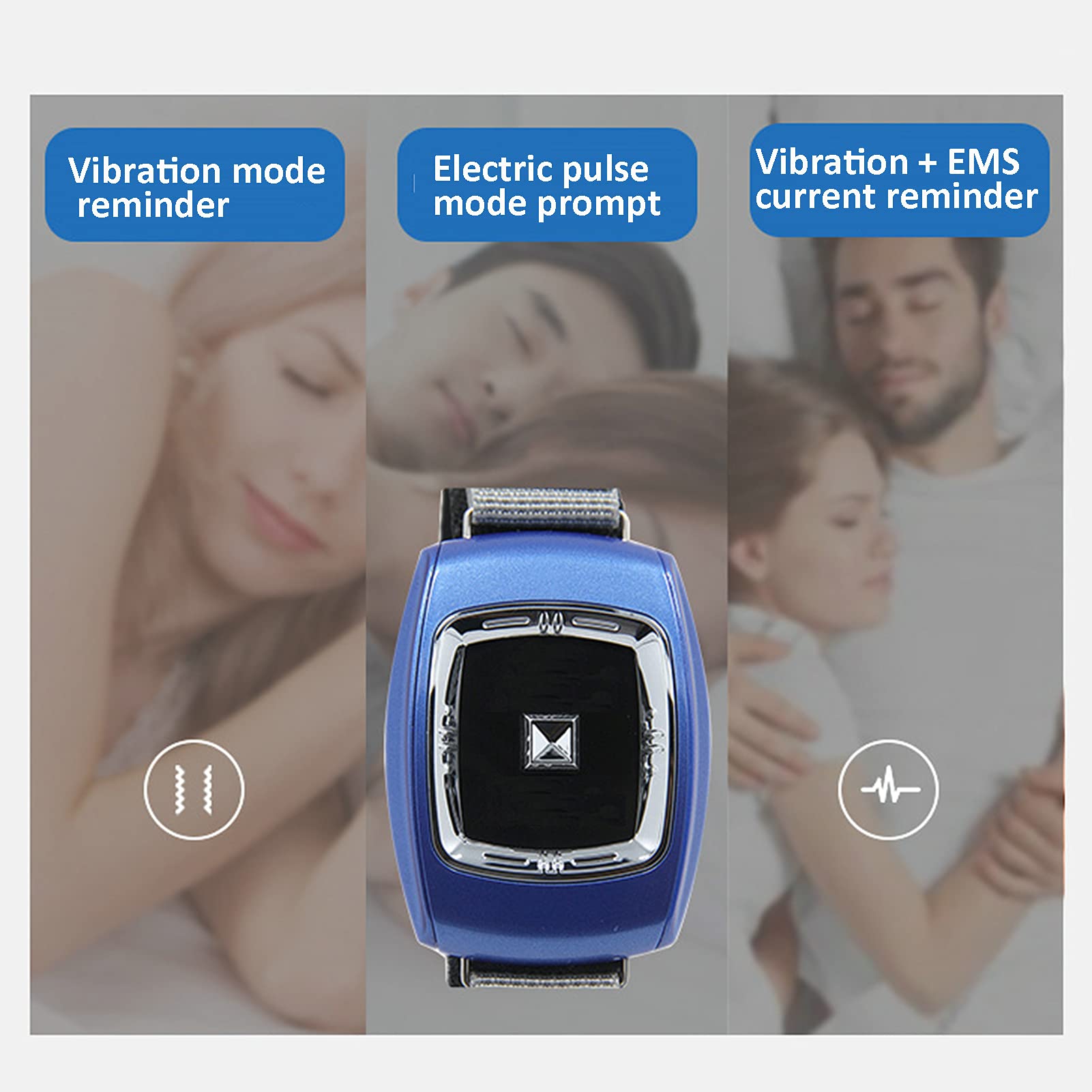 Dispositivo Antirronquidos,Pare el Ronquido Reloj de Pulsera para Anti-Ronquidos,Inteligente Dispositivos de solución de ronquidos de Ayuda, 3 Modos y 6 Marchas,USB Recargable,Azul