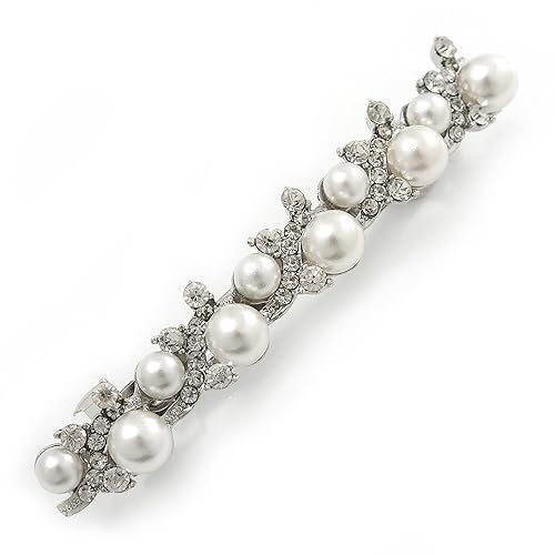 Pinza para el pelo de cristal de perla sintética de tono plateado para novia, 3.346 in de ancho
