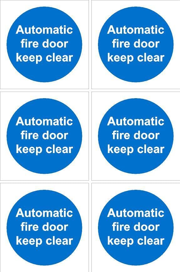 Automatic fire door keep clear sign - 100x100mm, pack of 6 stickers on A4 sheet