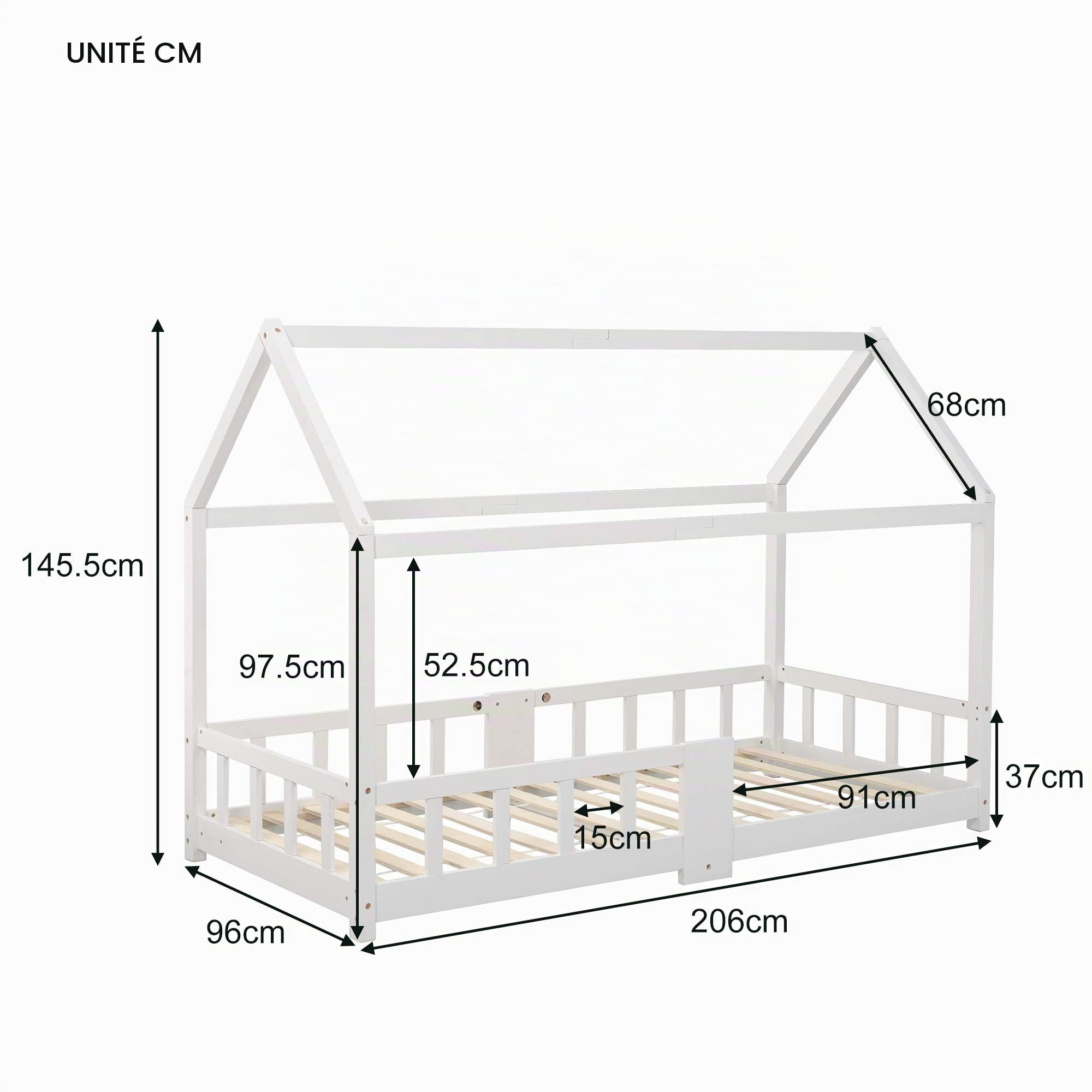 Lit Enfant 90x200 cm Bois avec Tableau Noir Protection Anti-Chute Sommier Lattes Blanc