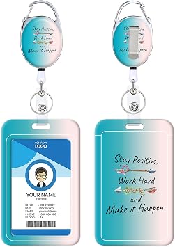 Retractable Badge Holder, Cute Print Pattern Belt Clip Badge Reel with Keychain, Name Tag Work Vertical Id Card Protector for Nurse Medical Teacher Student Stay Positive