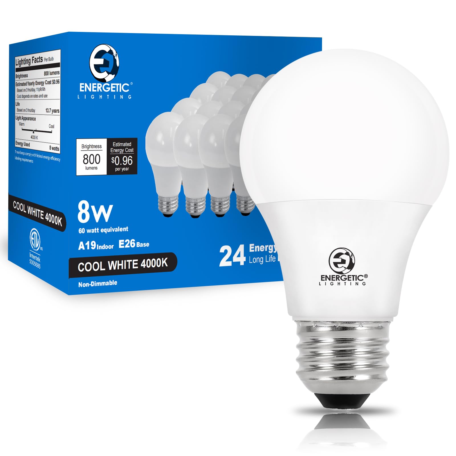 E ENERGETIC LIGHTING Light Bulbs 60 Watt Equivalent, A19 Cool White LED Light Bulbs, 15000 Hrs E26 Base, 8W, 800LM, 4000K Light Bulb, ETL Listed,