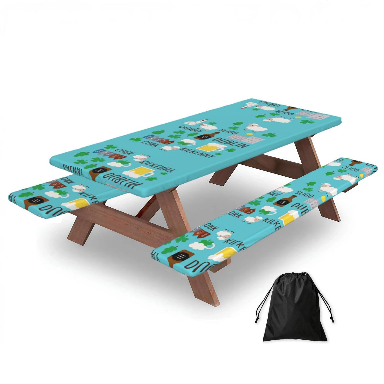 Mantel con motivos irlandeses y fundas para bancos de camping