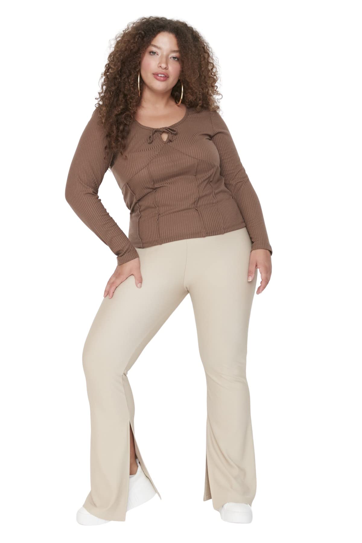 Trendyol FeMan Plus Size High Waist Wide Leg Flare Plus Size Trousers Beige