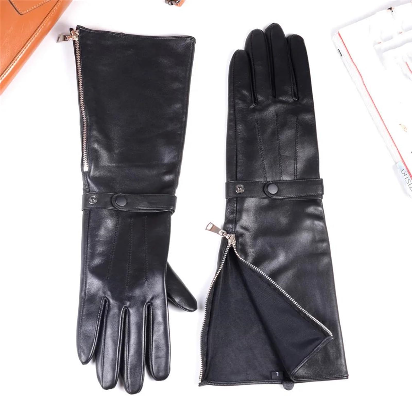 Guantes largos de piel de oveja auténtica negra para hombre, longitud al codo, con cremallera, guantes de caballero medieval para cosplay