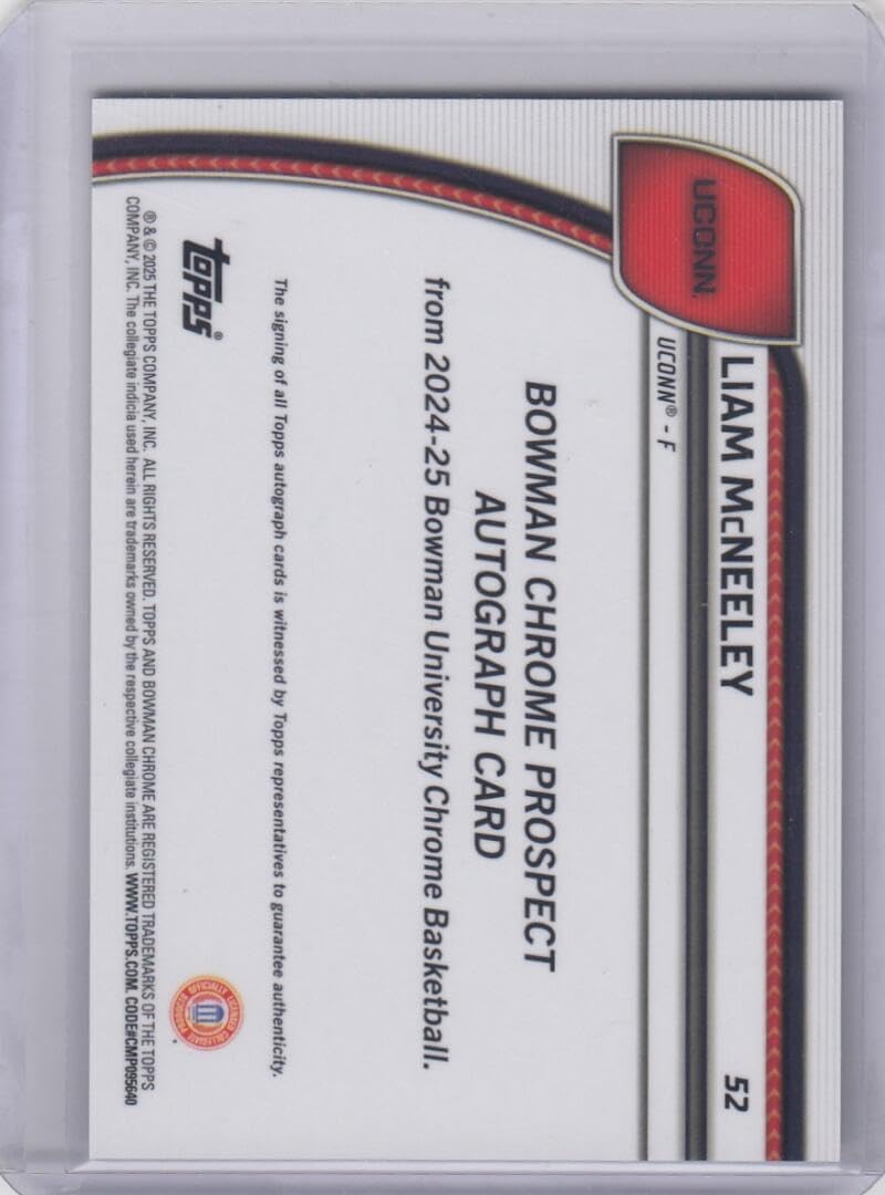 Basketball Trading Card 2024-25 Bowman University Chrome Prospect Autograph Refractor #52 Liam McNeely EX/NM Auto /100
