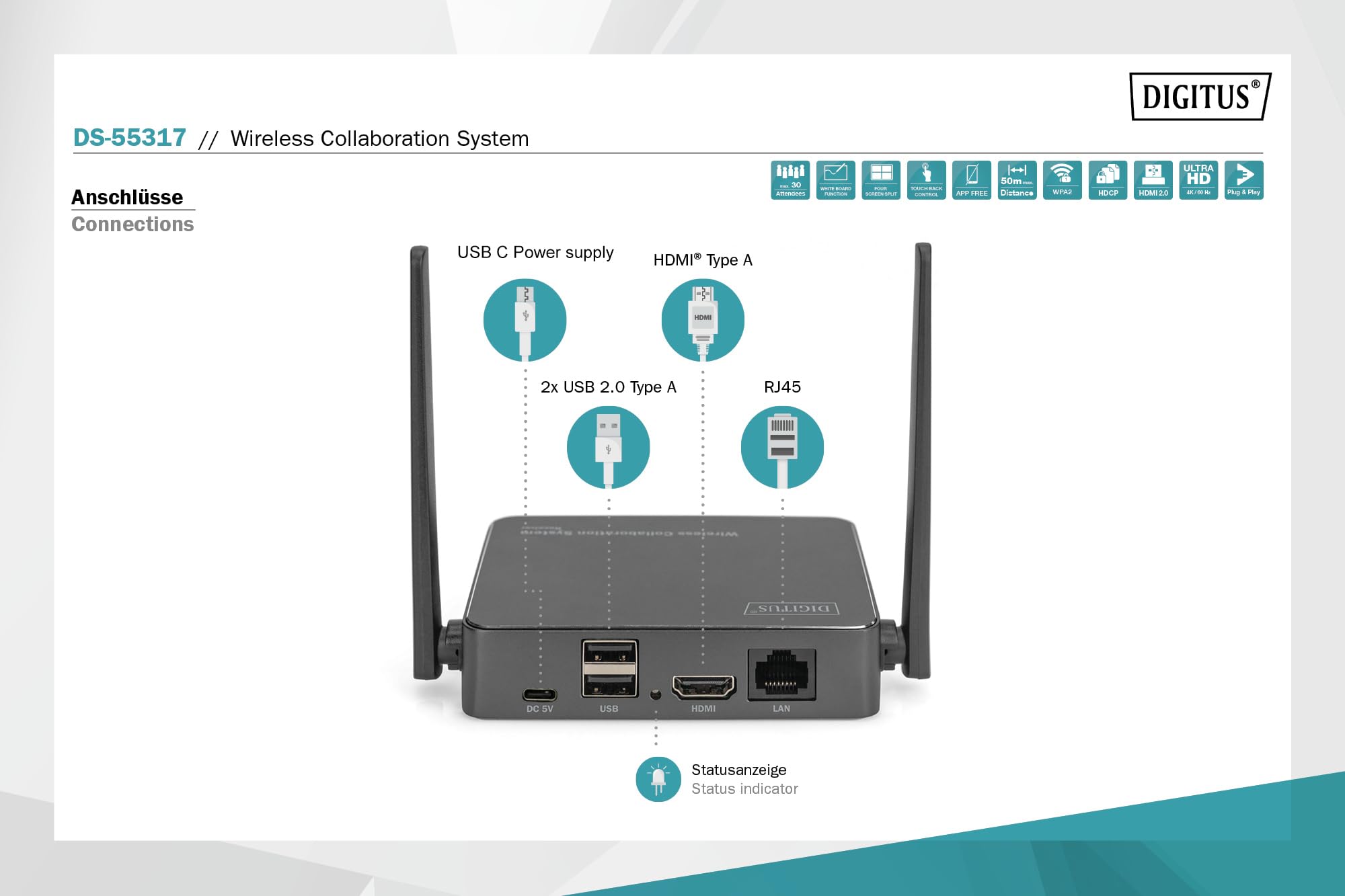 DIGITUS DS-55317 Click & Present Pro - Sistema di presentazione e collaborazione wireless - BYOD: laptop, tablet, smartphone - Nessuna app/driver richiesti - True Plug & Play - Nero