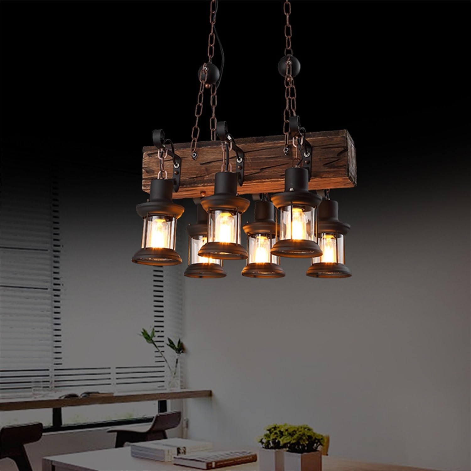 Lampa wisząca w stylu vintage, E27, rustykalna, drewniana belka, Edison, wisząca lampa sufitowa, drewniana, z regulacją wysokości, industrialna lampa wisząca