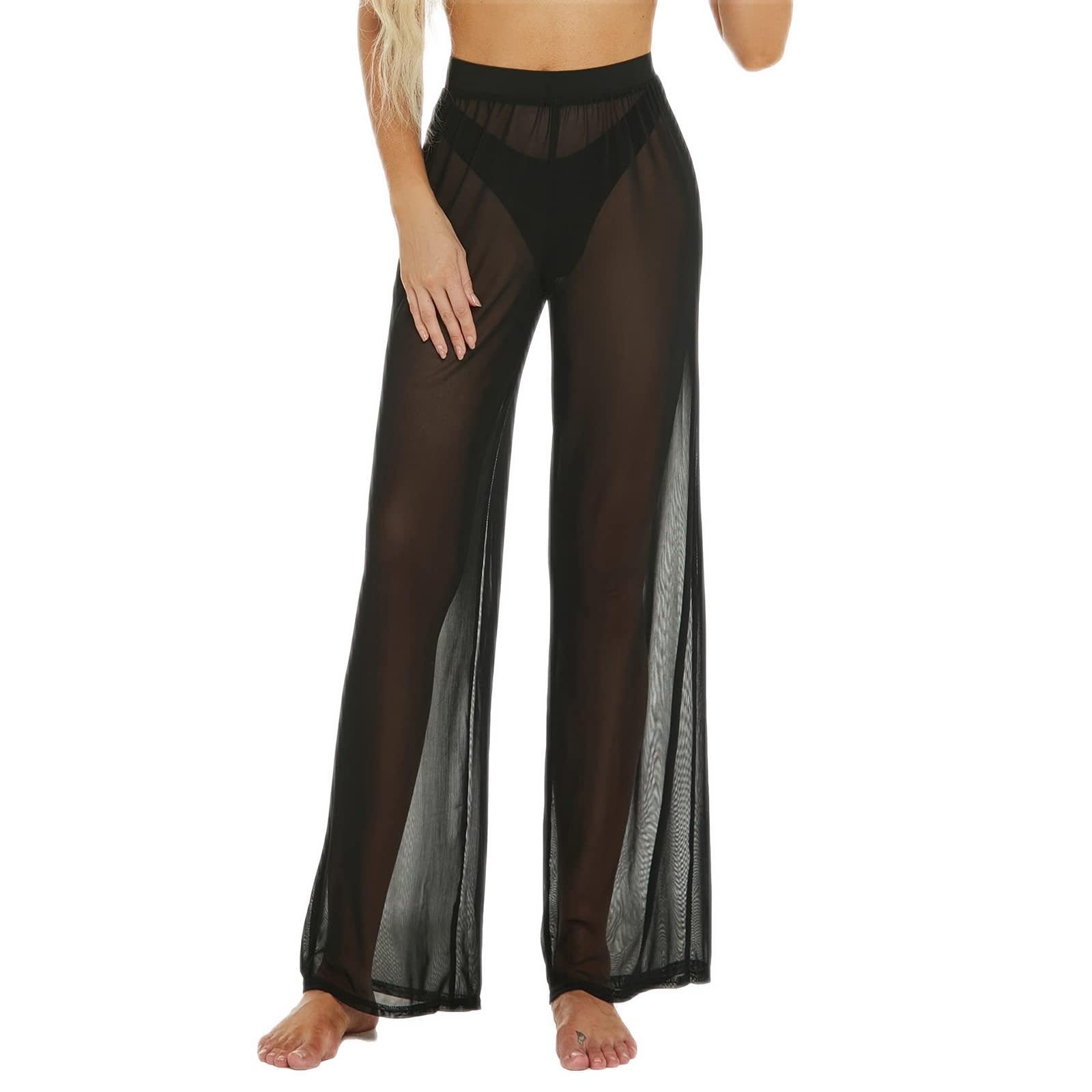 Women See Throug Mesh Flare Cover up Pants Swimsuit Bikini Bottom Cover up Elastic Waist Wide Leg Palazzo Trousers