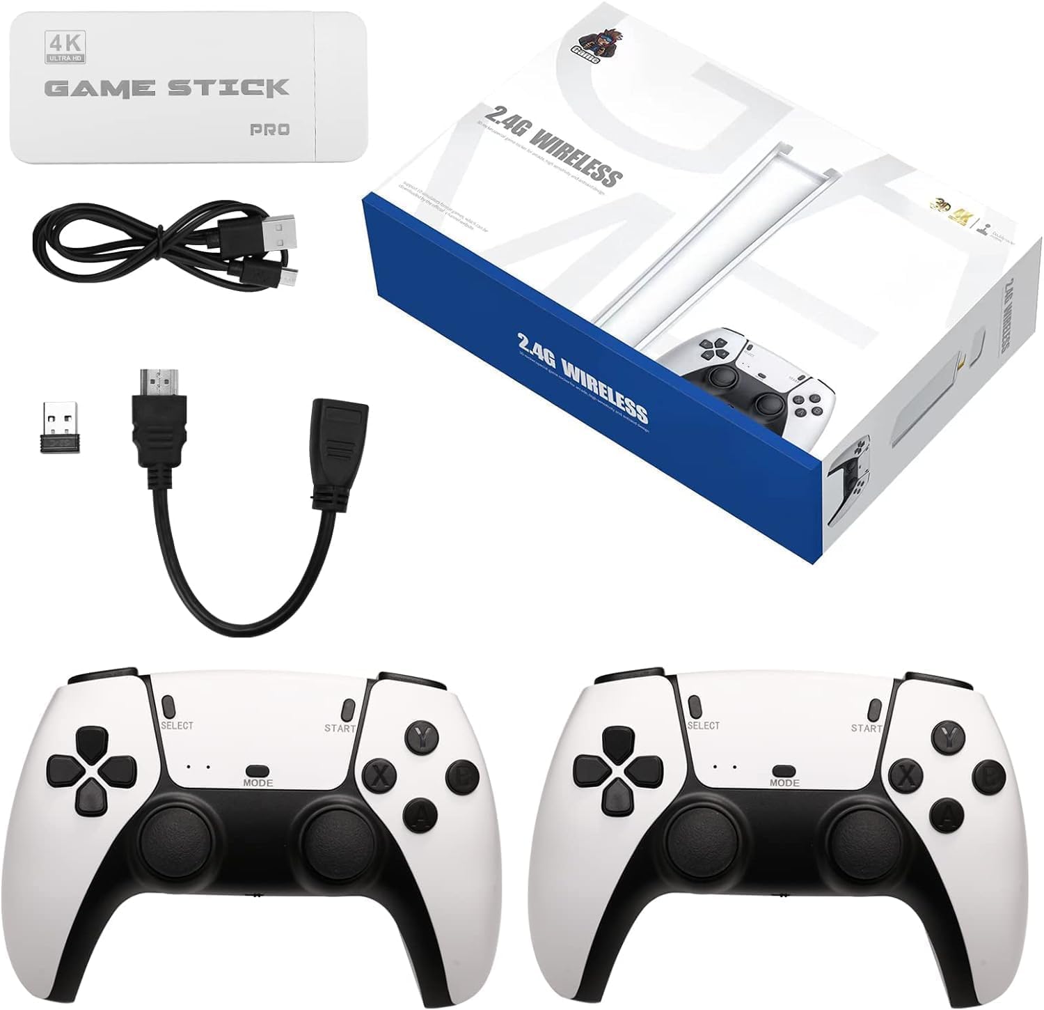 4K Ultra HD Game Stick Pro with 2 Wireless Controllers, 2.4G Gaming Console Set, White (it has very good games like contra resident evil 3 and much more/very nice quality and easy installation