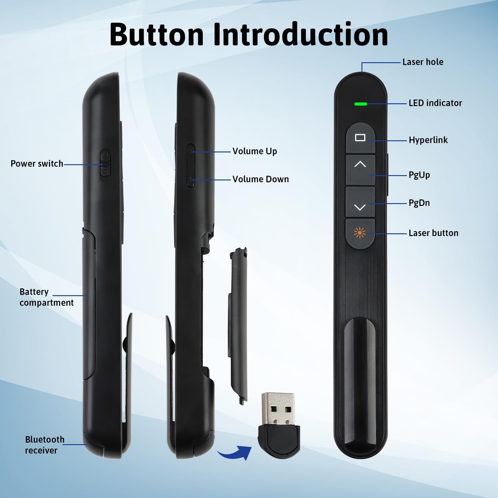 Pilot USB do komputera Powerpoint, prezentacja pilota 100M | USB Zapette Clicker PC, bezprzewodowy Bluetooth, 2,4 GHz, do Windows/Mac PC, czarny