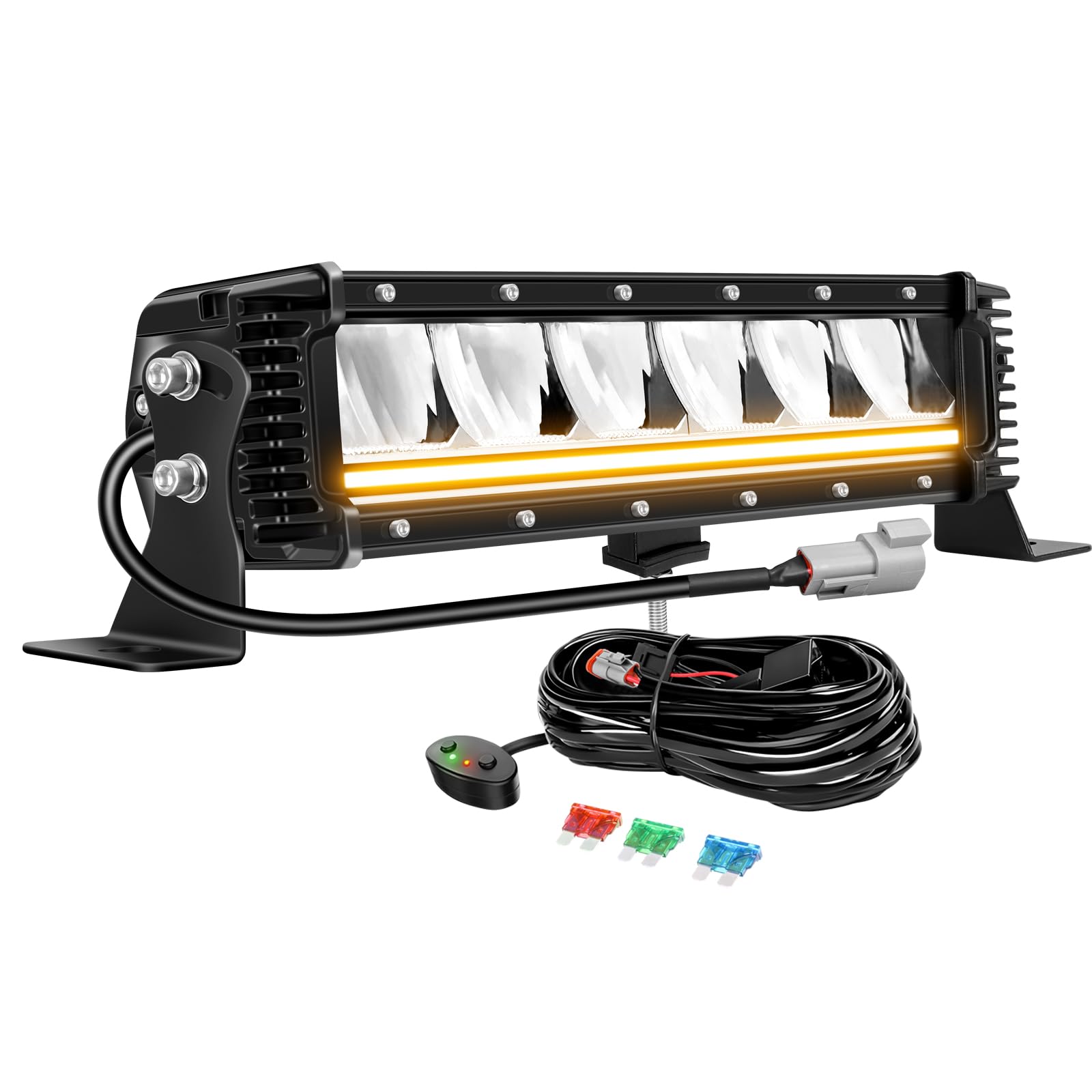 AUXTINGS 33 cm 40 W listwa świetlna LED z bursztynowymi światłami DRL, rząd świateł terenowych 4x4, antyodblaskowa, wiązka kombi IP67 z zestawem okablowania do pojazdów ciężarowych SUV ATV UTV łódź
