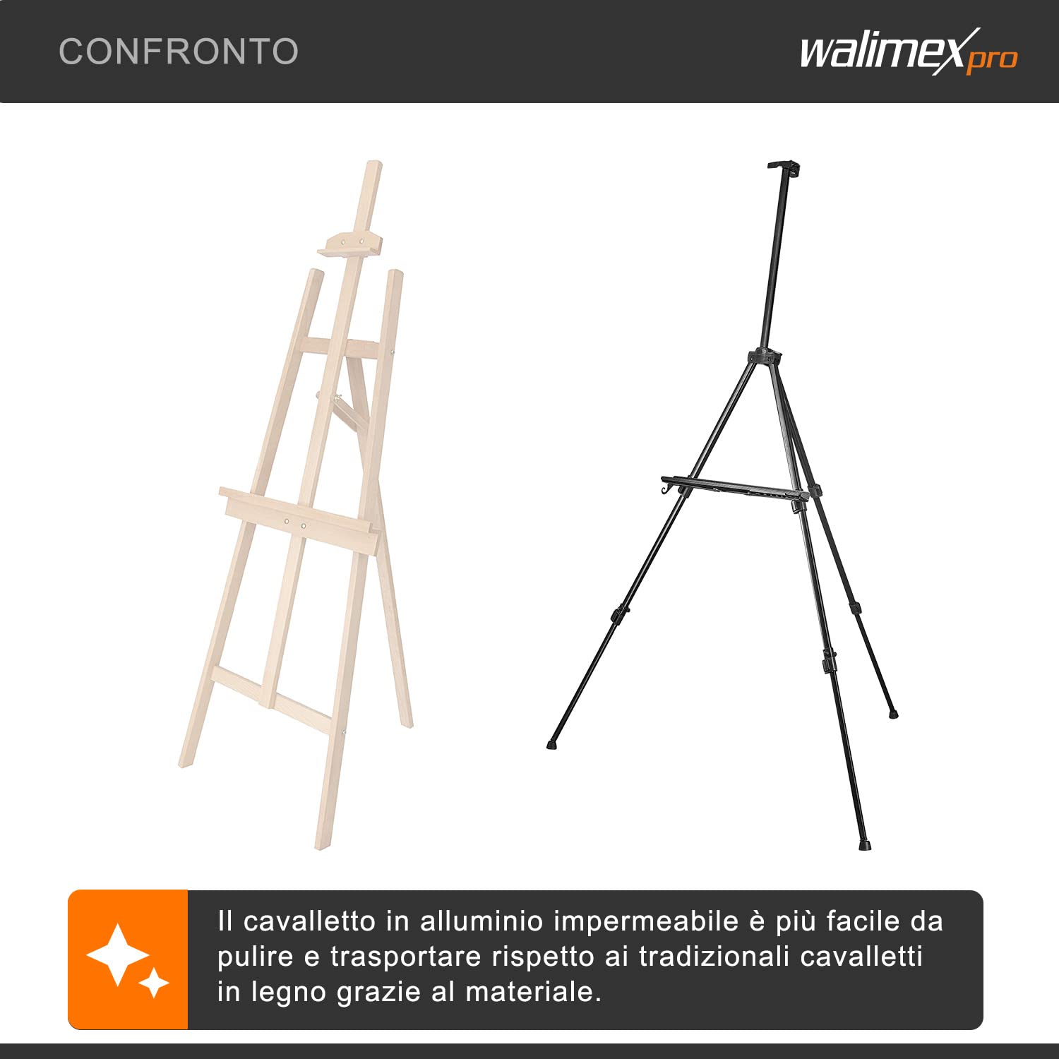 Walimex pro easel XL 60-180cm, alluminio I ideale come cavalletto da studio, da tavolo e da campo I per tele fino a HxD: 140x4cm, fino a 6kg I vassoio e supporto per colori e pennelli, con borsa