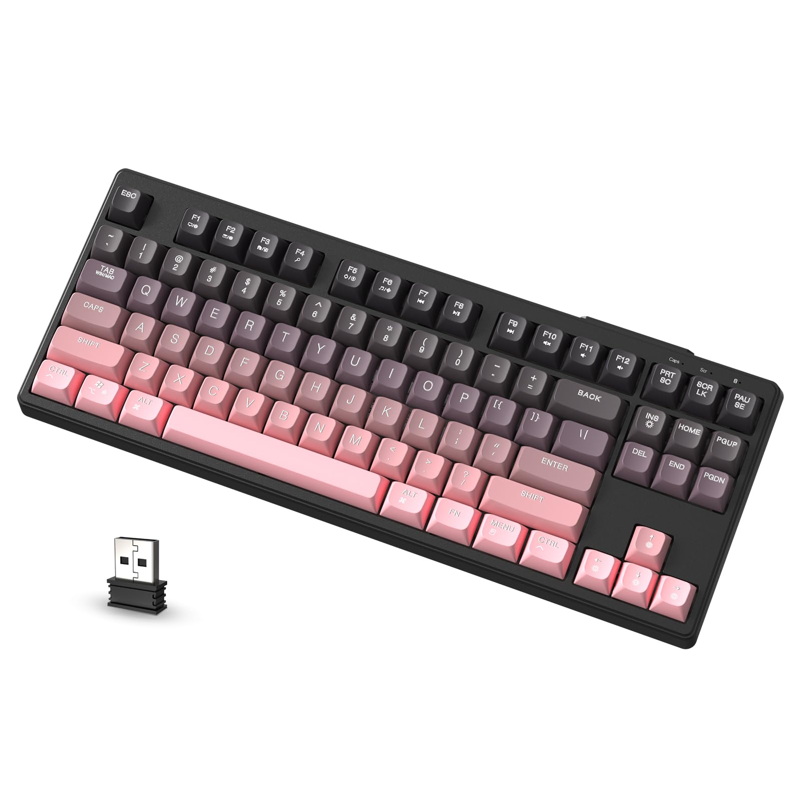 ATTACK SHARK x FREEWOLF M87 80% Teclado Inalámbrico para Juegos, 87 Teclas TKL RGB Sensación Mecánica SA PBT Teclado Bluetooth/Modo Dual 2.4Ghz, QWERTY, Batería 4000mAH para Mac/Win - Rosa Degradado