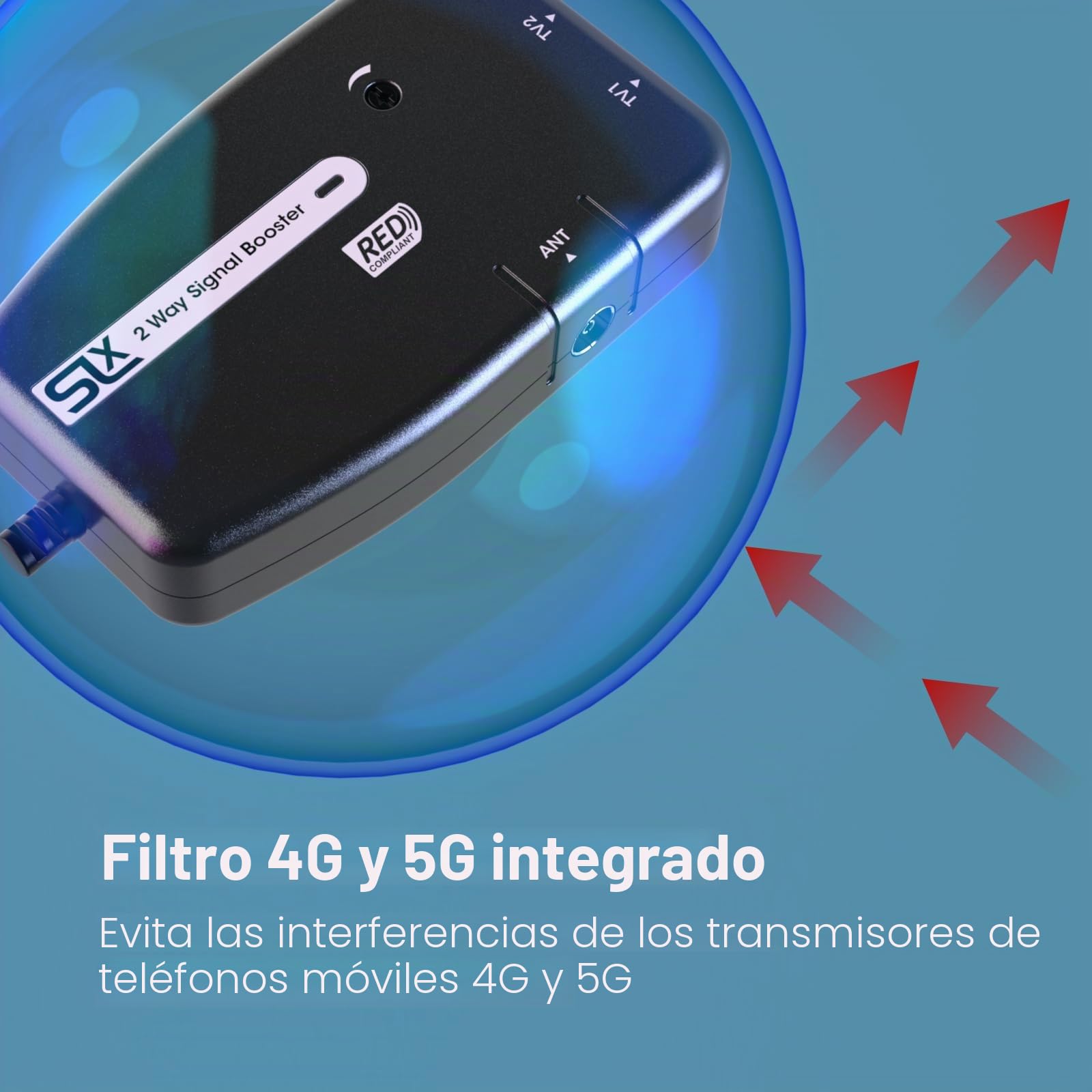 Amplificador de antena de señal de TV, amplificador de distribución de señal de 2 vías SLx con conexiones coaxiales, filtrado 4G y 5G, control de ganancia variable y eficiencia energética mejorada