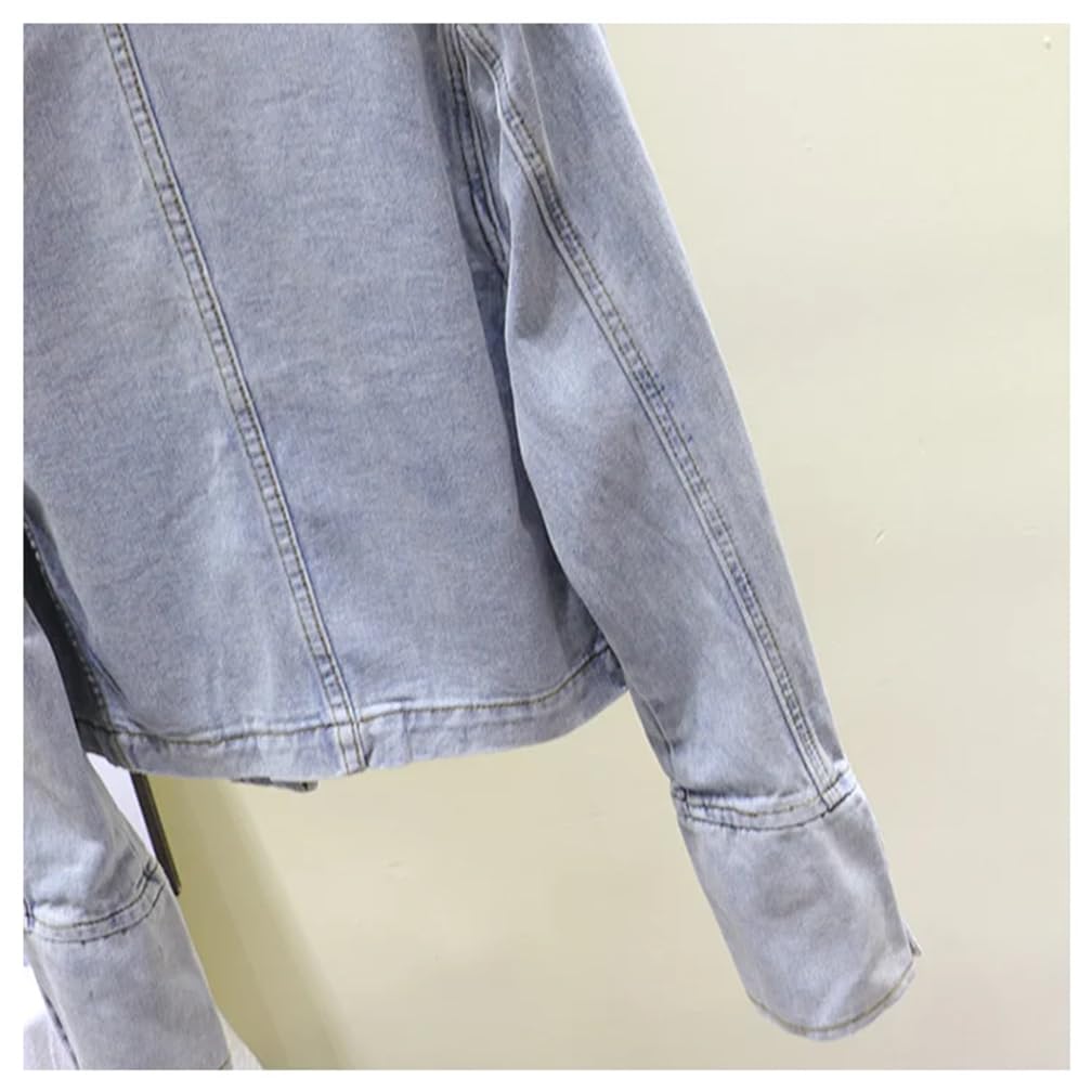 Hndudnff Chaquetas de mezclilla con cuello alto militar para mujer, chaqueta de mezclilla corta de doble botonadura