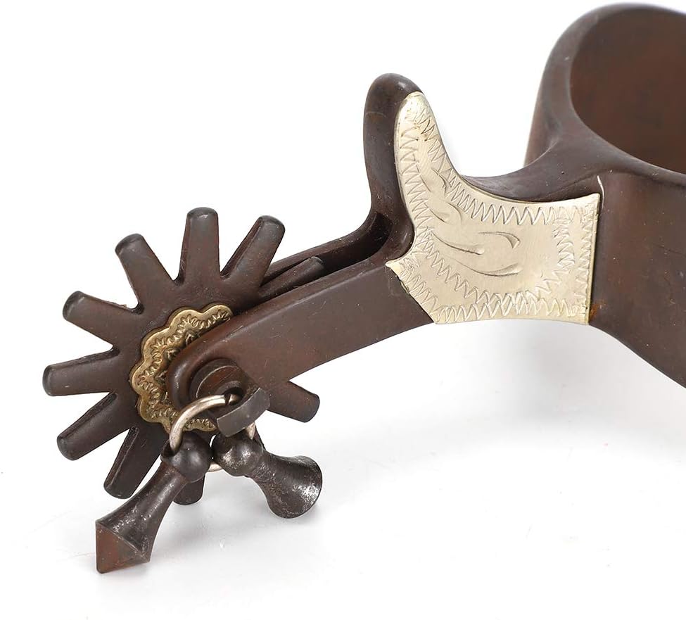 Horse Spurs, 2 Pieces, Low Carbon Steel Western Cowboy Boot Spurs with Turnable Gear, Vintage Brown with Hand Carved Decoration for Horse Training