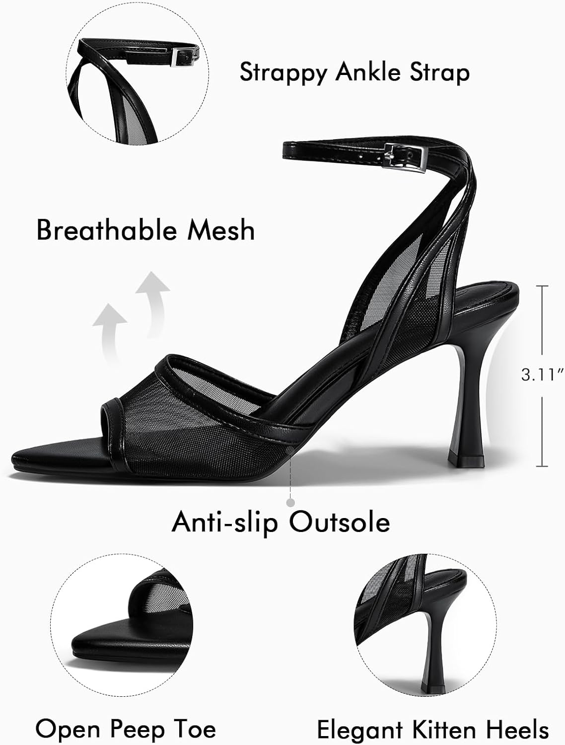 Coutgo Womens Kitten Heels Sandals Pointed Open Toe Ankle Buckle Strap Summer Dress Shoes - Image 4