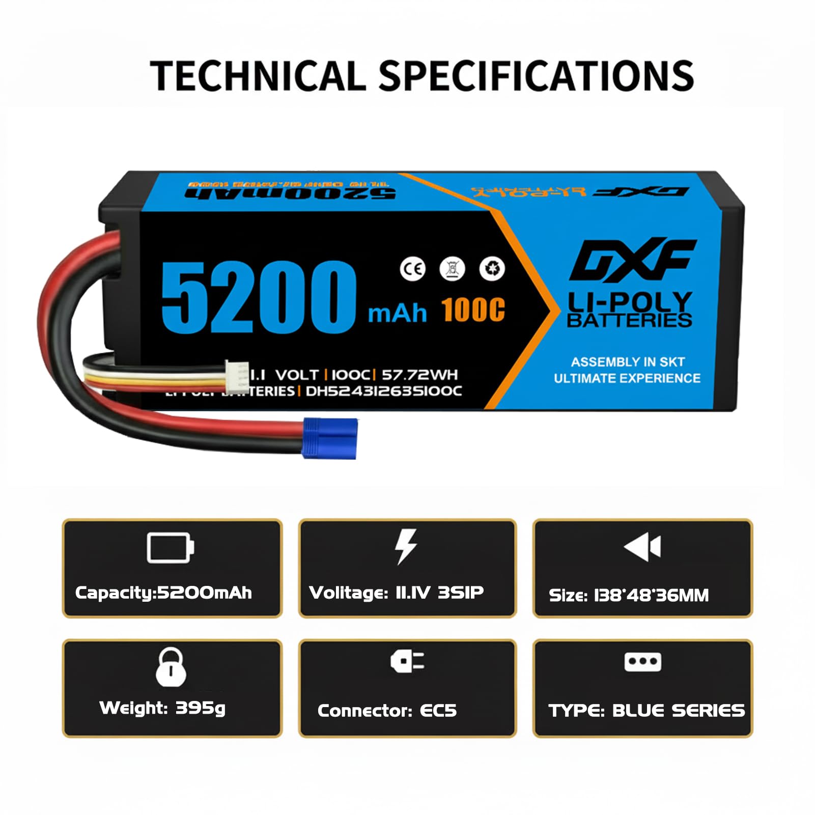 DXF Paquete de 2 baterías LiPo EC5 de 5200 mAh, 11,1 V, 100 C, enchufe EC5, grado A+, de baja resistencia, para coche, camión, buggy, oruga, helicóptero, barco, avión, escala 1/8 1/10
