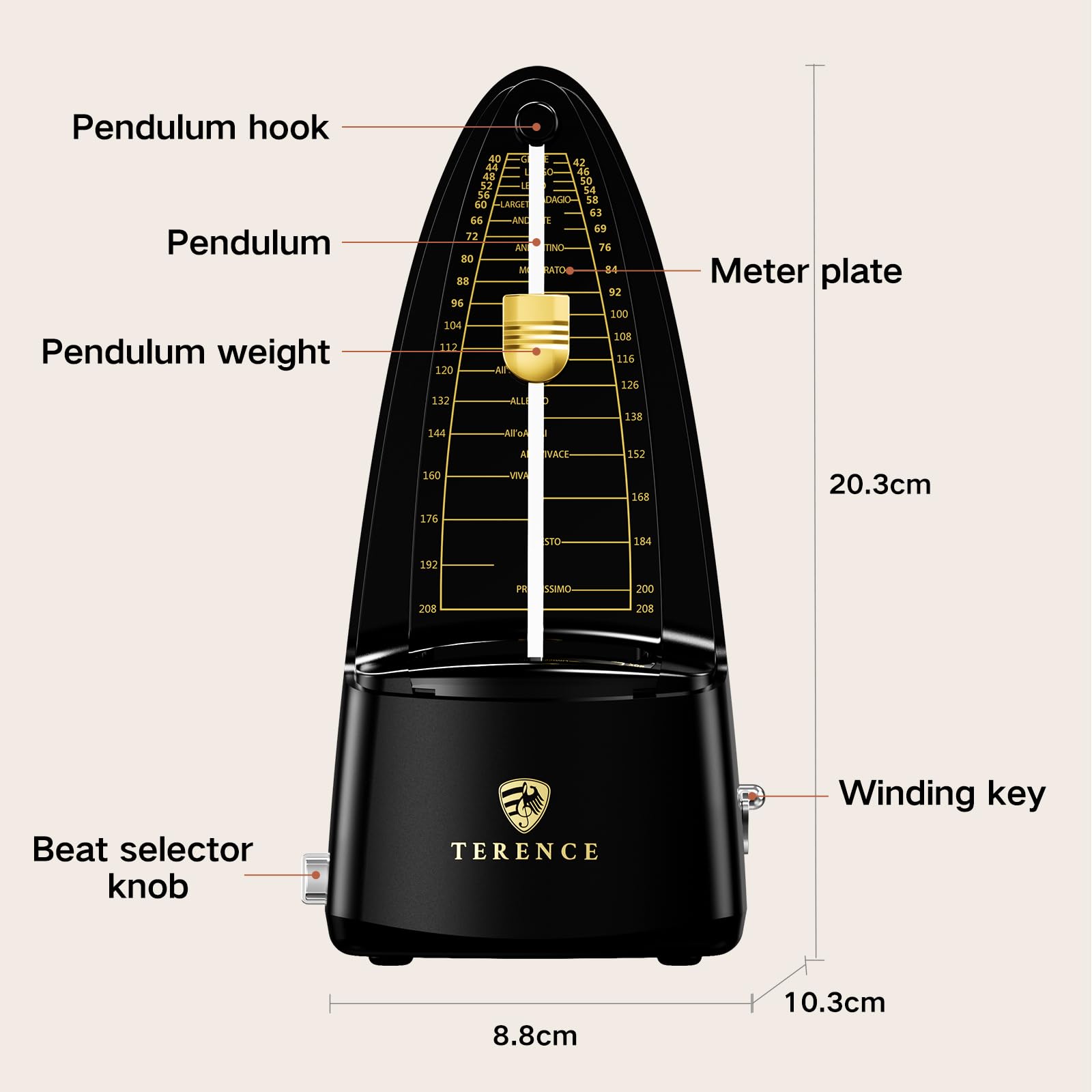 TERENCE Metronome Metronomo meccanico ad alta precisione con campana accentata, tempo preciso, durevole per pianoforte, violino, batteria, basso, chitarra, adatto come regalo, nero