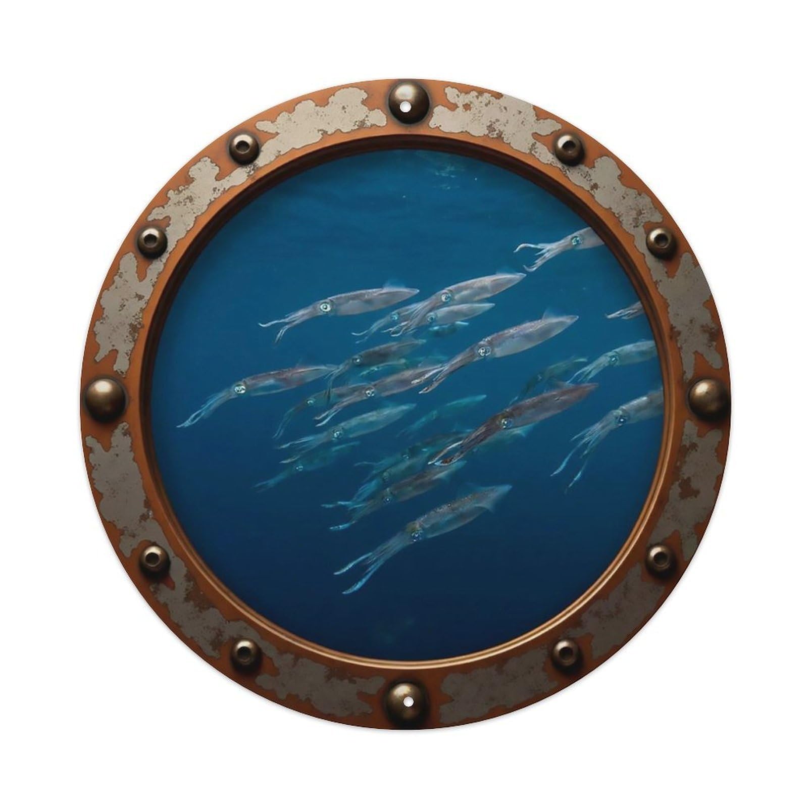 Odgynaw 8X8inch(20X20cm) Vintage Porthole Squid School Nautical Window View Metal Tin Sign