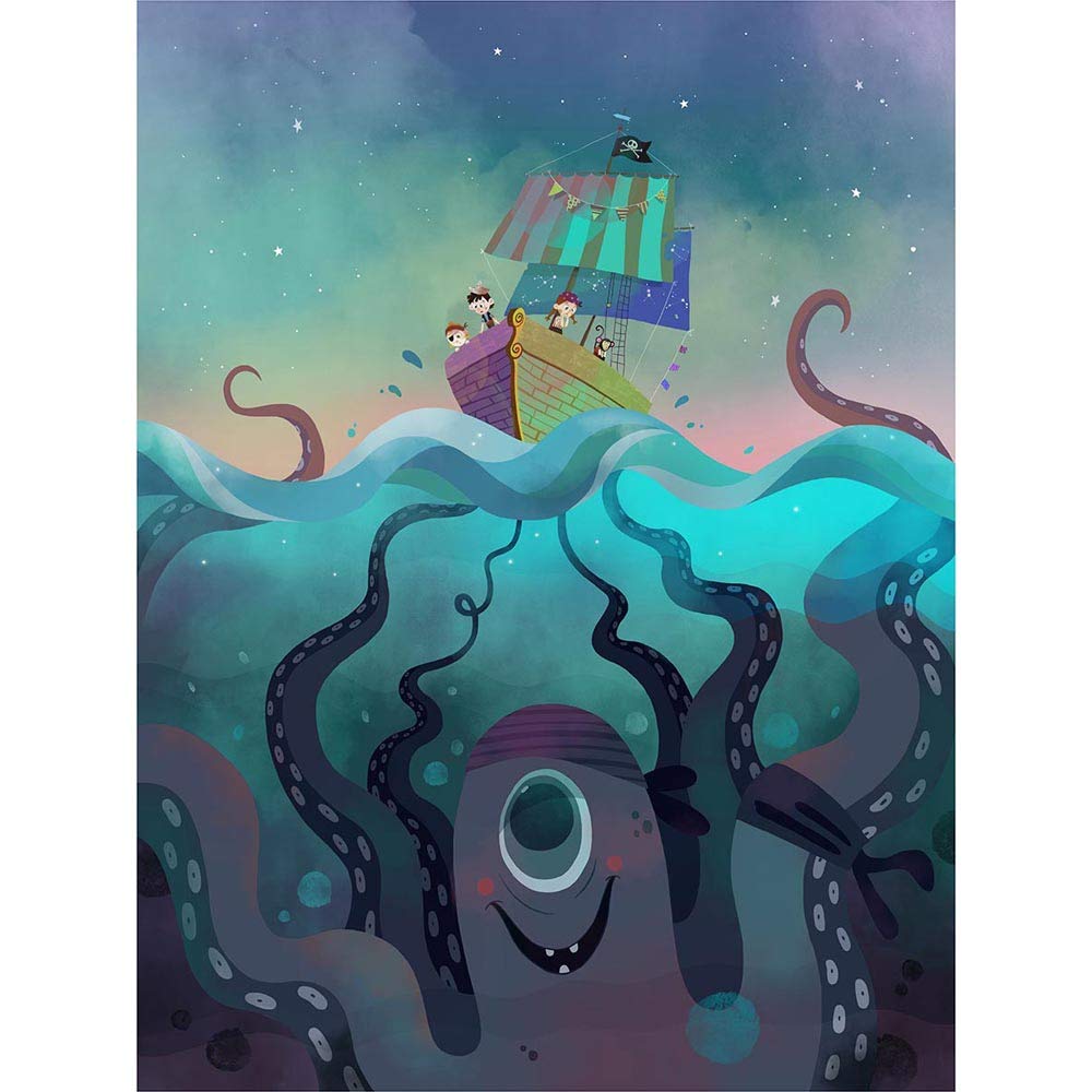 Wee Blue Coo Pirate Ship Octopus Art Print Poster Wall Decor 12X16 Inch