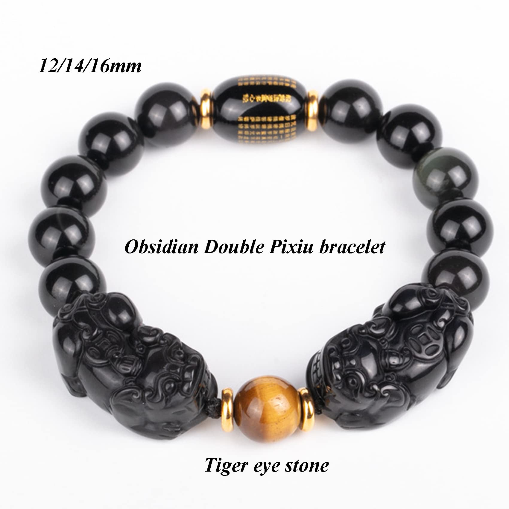 YDYDTTKD Schwarzes Obsidian-Armband, Pi Yao-Reichtumsarmband, Tigerauge-Stein, Reiki-Kristall, spirituelles Chakra-Amulett, verstellbares Armband zur Abwehr des Bösen, Stil B, 16 mm