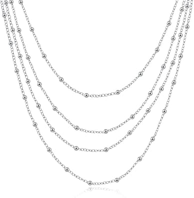 Layered Choker Necklace for Women 4 Tier Long Chain Silver Plated Bead Chain Adjustable Multilayer Necklace Waterfall Multi-Strand Chains Statement Collar Necklace with Dress Accessories