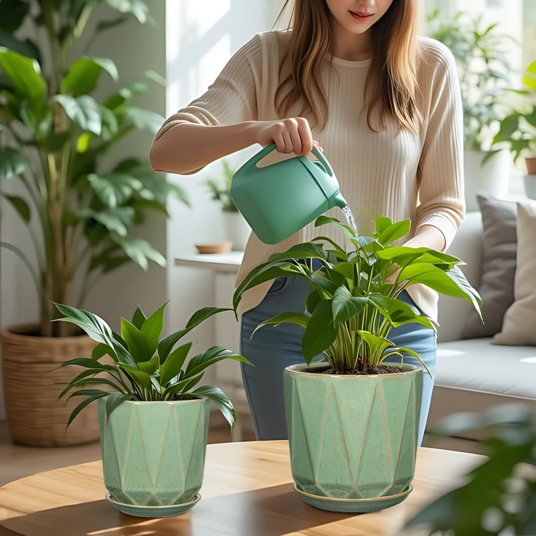 Oairse Macetas de cerámica para plantas, macetas de 8 + 6 pulgadas con agujeros de drenaje y platillos, macetas grandes de cerámica verde, maceta decorativa para plantas de interior y exterior