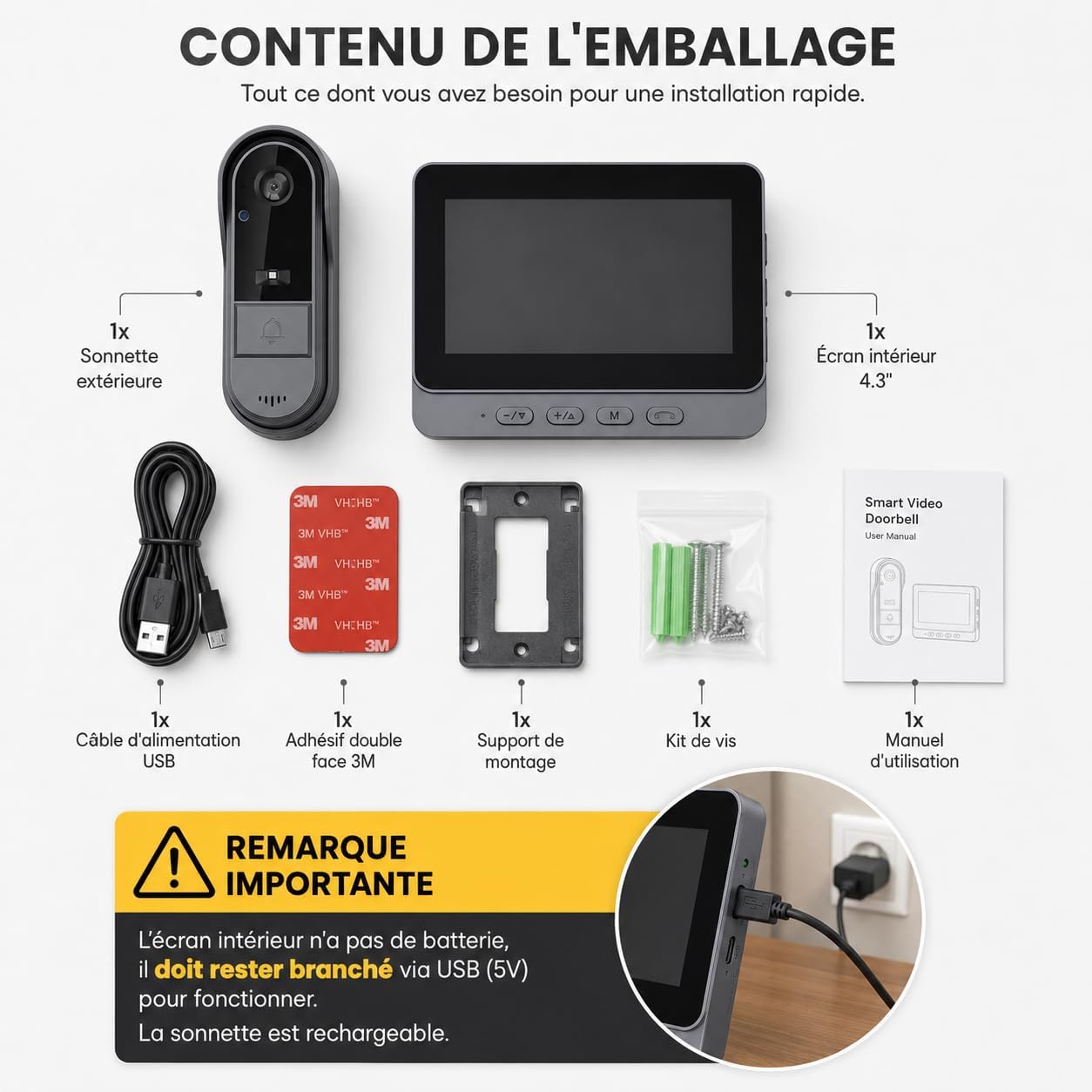Campanello senza fili Esterno Citofoni senza fili con fotocamera 1080P IP65 impermeabile Video Campanello con 4,3 IPS schermo Monitor Citofoni con camera HD 170°Visione Notturna Campanello per casa
