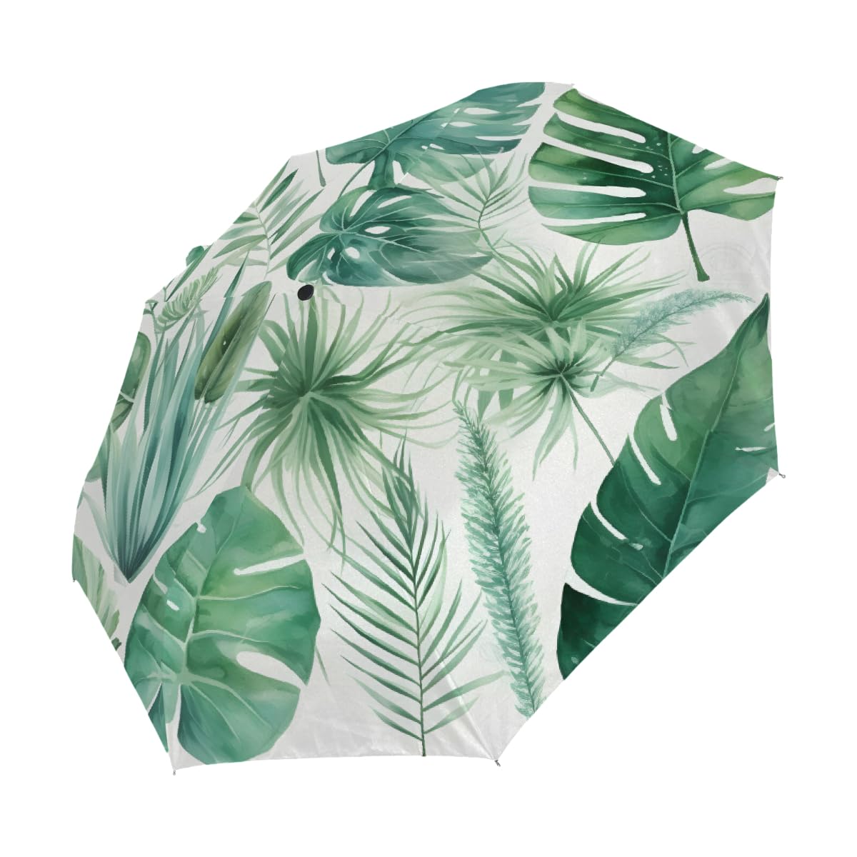 Ombrello pieghevole con foglie tropicali, ombrello da viaggio, compatto, antivento, impermeabile, con protezione UV, rivestimento nero, leggero, 8 costine, portatile, per pioggia e sole