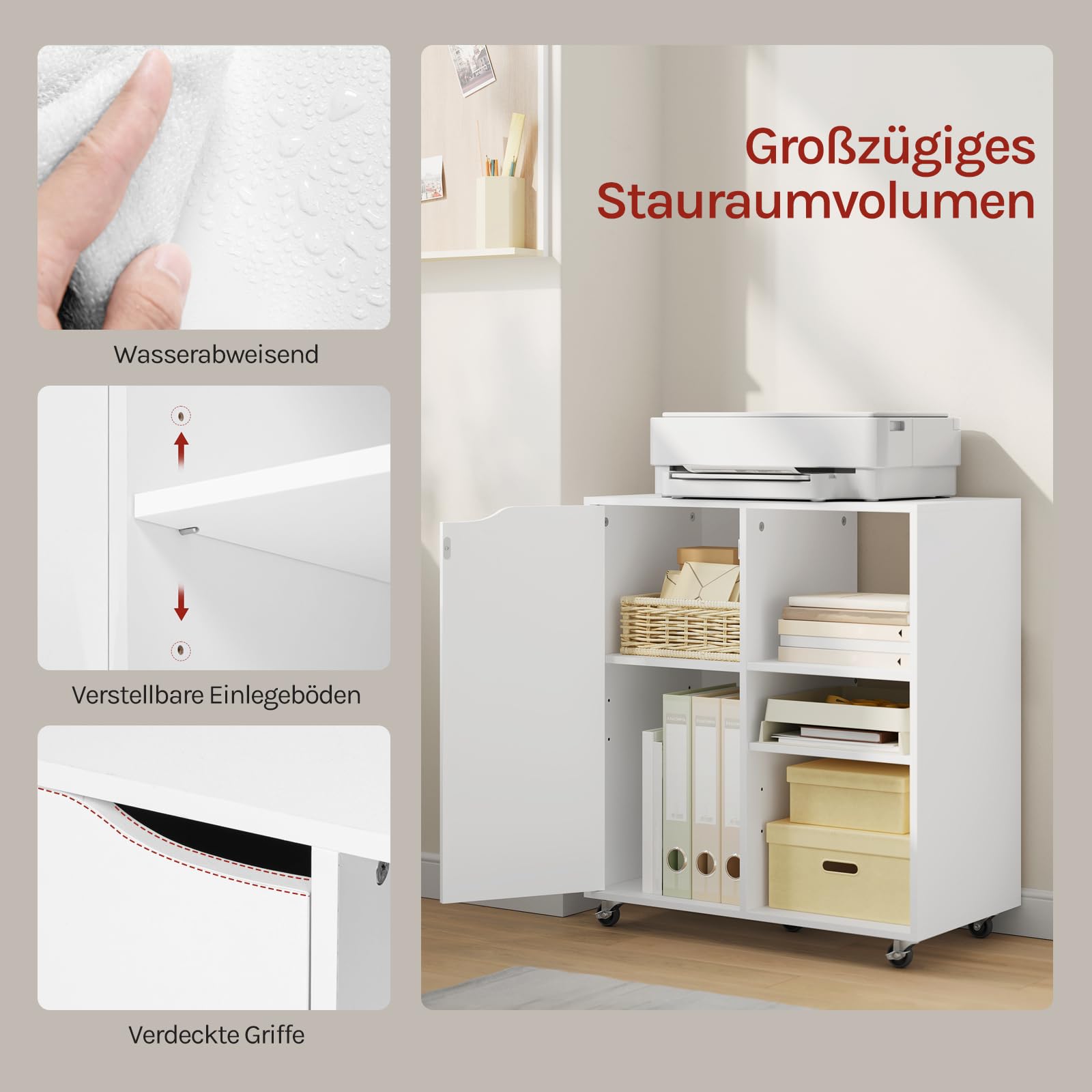 WOLTU Aktenschrank mit Rollen, Druckertisch mit 3 offenen Fächern, 1 Tür, verstellbaren Ablagen, für Zuhause und Büro, 60x70x35 cm, Weiß