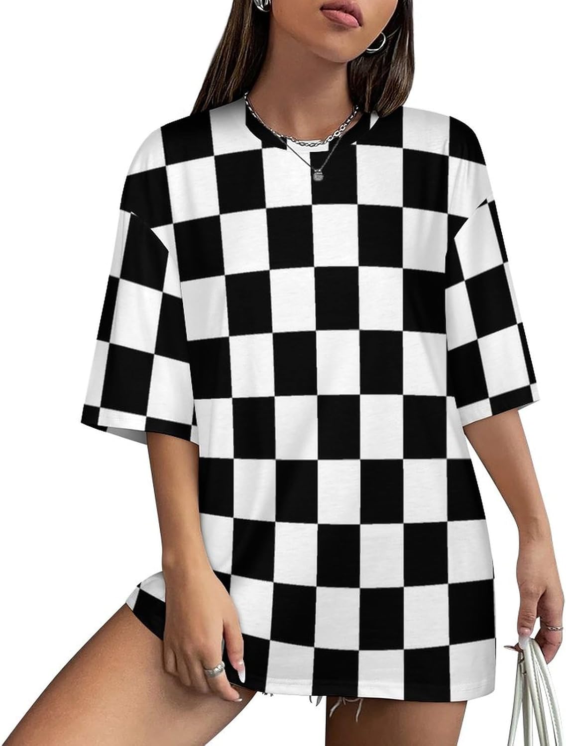 Black White Race Checkered Flag Pattern Women's Half Sleeve T Shirts Crew Neck Tees Summer Casual Tops