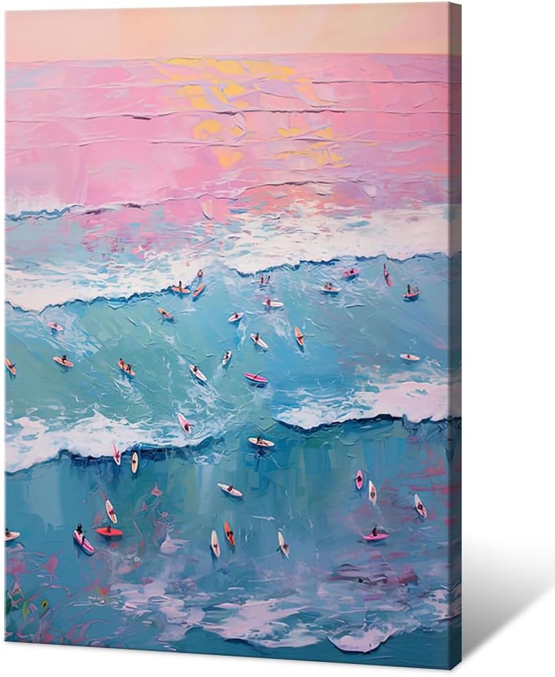 Trendy Summer Wall Art Blue Beach Poster Pink Sky Canvas Preppy Ocean Surf Print Beachy Painting Coastal Picture Aesthetic for Teen Girls Dorm Bedroom Apartment Decoration 16x24inch Framed