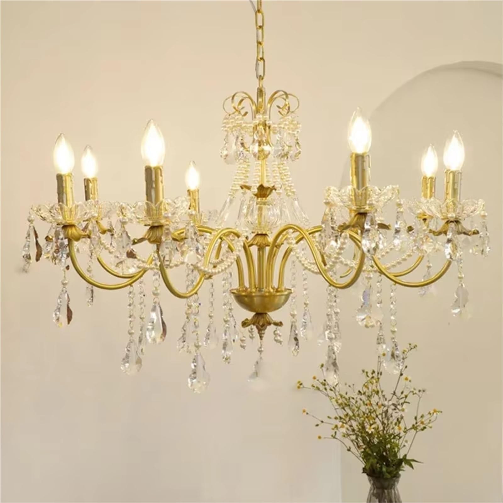 CSXSXAUO French Retro Crystal Pearl Chandeliers Luxurious Brass Villa Living Dining Candle Pendant Lights Lighting Bedroom Lustre Lamps