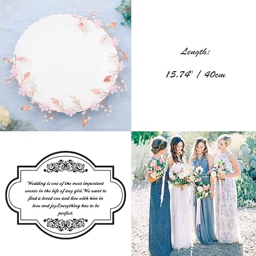 Miniatura 5 de Diadema de novia de oro rosa con flores de vid y perlas de cristal para mujer (oro rosa)