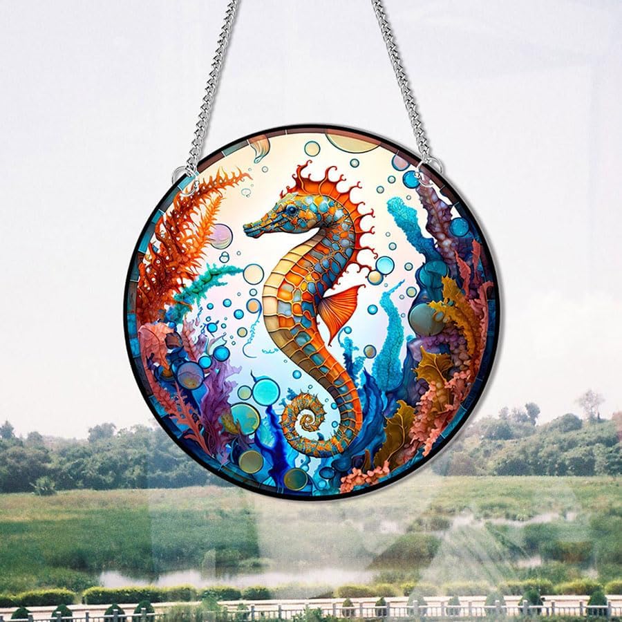 Miniatura 7 de Caballito de mar acrílico manchado para colgar en la ventana, decoración de pared de caballito de mar acrílico del océano, vitral, para colgar en la