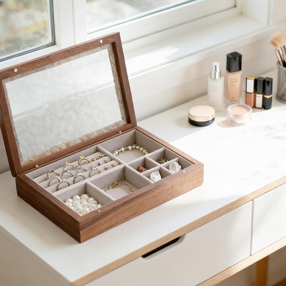 DICOSMETIC Boîte à bijoux en bois avec couvercle en verre - Organiseur de bijoux multi-compartiments - Vintage - Rectangulaire - Pour la maison, les voyages