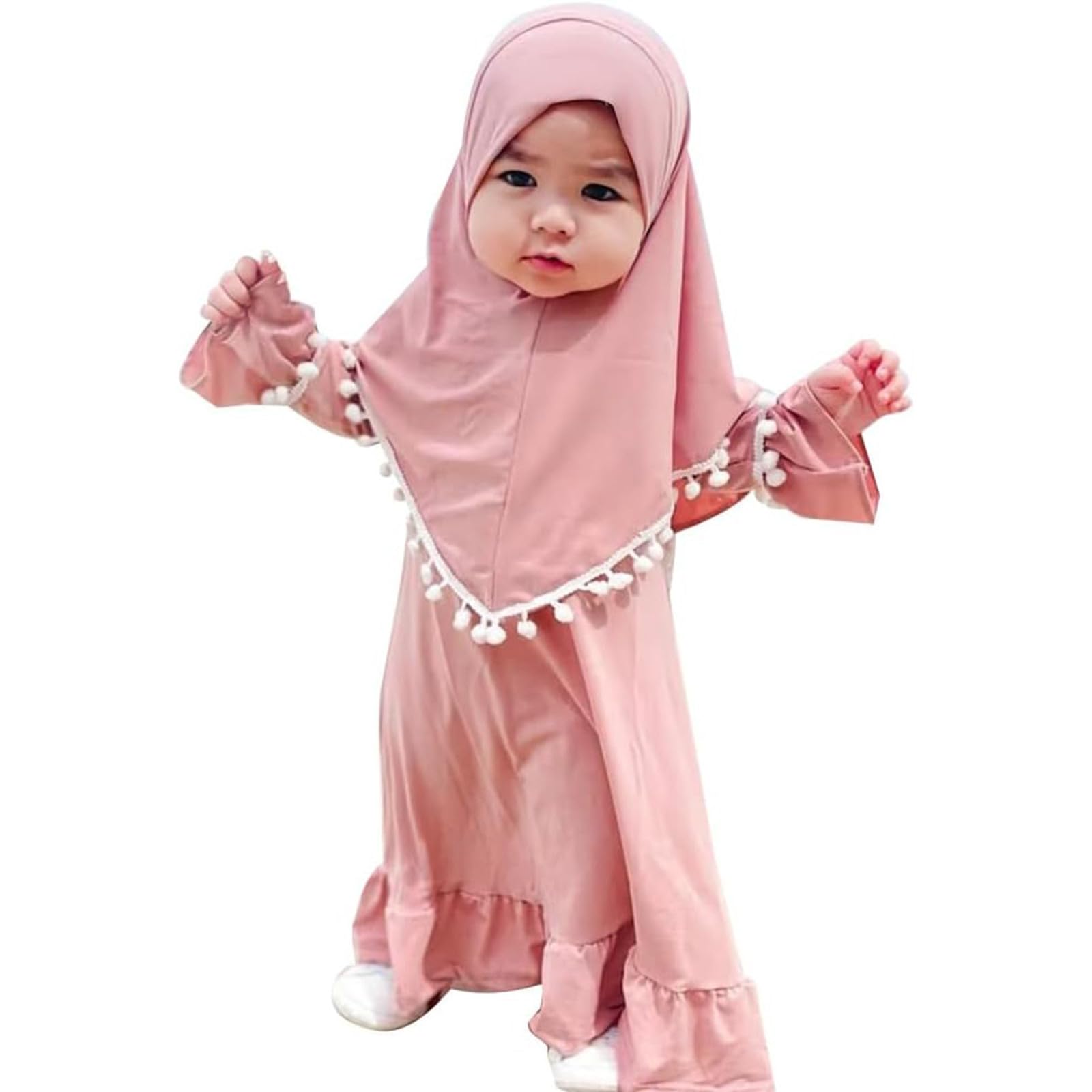 Islamic Prayer Abaya for Muslim Girls Kaftan Robe with Hijab Maxi Dress for Kids Toddlers Ramadan Eid Clothing Dubai Style Cardigan Modest 2Piece Set Chiffon Full Length Hooded Robe