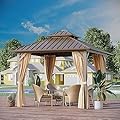 GAZEBEST 10'x10' Hardtop Gazebo Outdoor Aluminum Patio Gazebo Double Roof Galvanized Steel Canopy with Netting and Curtains,for Garden, Backyard,Deck and Lawns
