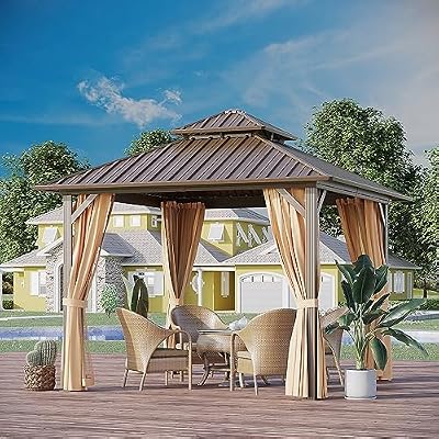 GAZEBEST 10'x10' Hardtop Gazebo Outdoor Aluminum Patio Gazebo Double Roof Galvanized Steel Canopy with Netting and Curtains,for Garden, Backyard,Deck and Lawns