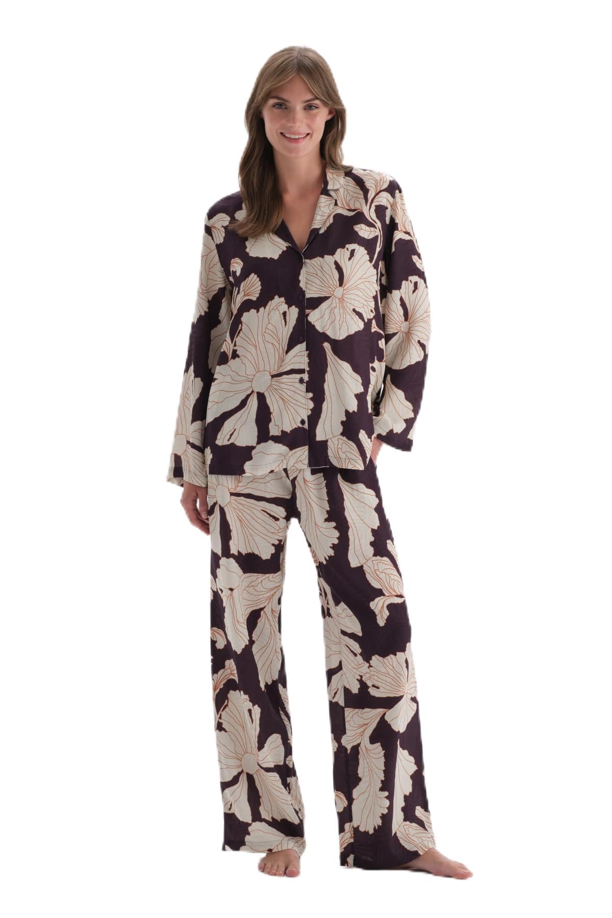 Dagi Women's Regular Waist Floral Print Detailed Woven Trousers Pyjama Bottom, Purple, 36