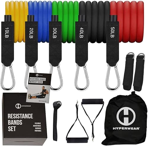Hyperwear Bandas de resistencia profesionales con asas, juego de 5 bandas de color para entrenar más anclaje de puerta, correas de tobillo, bolsa,