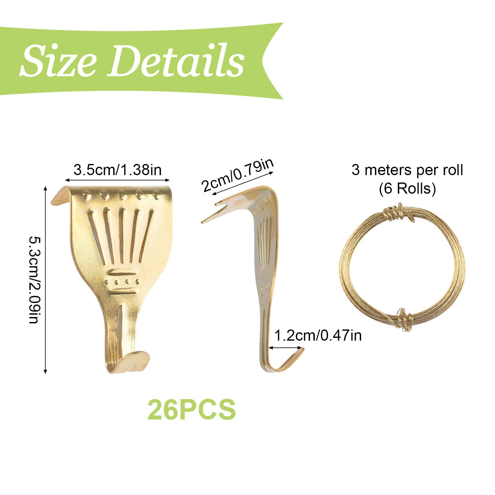 UFURMATE Picture Hanging Kit 26Pcs Picture Rail Hooks with 6 Roll 3M Picture Wires Brass Plated Rail Hanging Hooks Picture Display Hanging System Accessories for Wall Picture Exhibition - Image 2