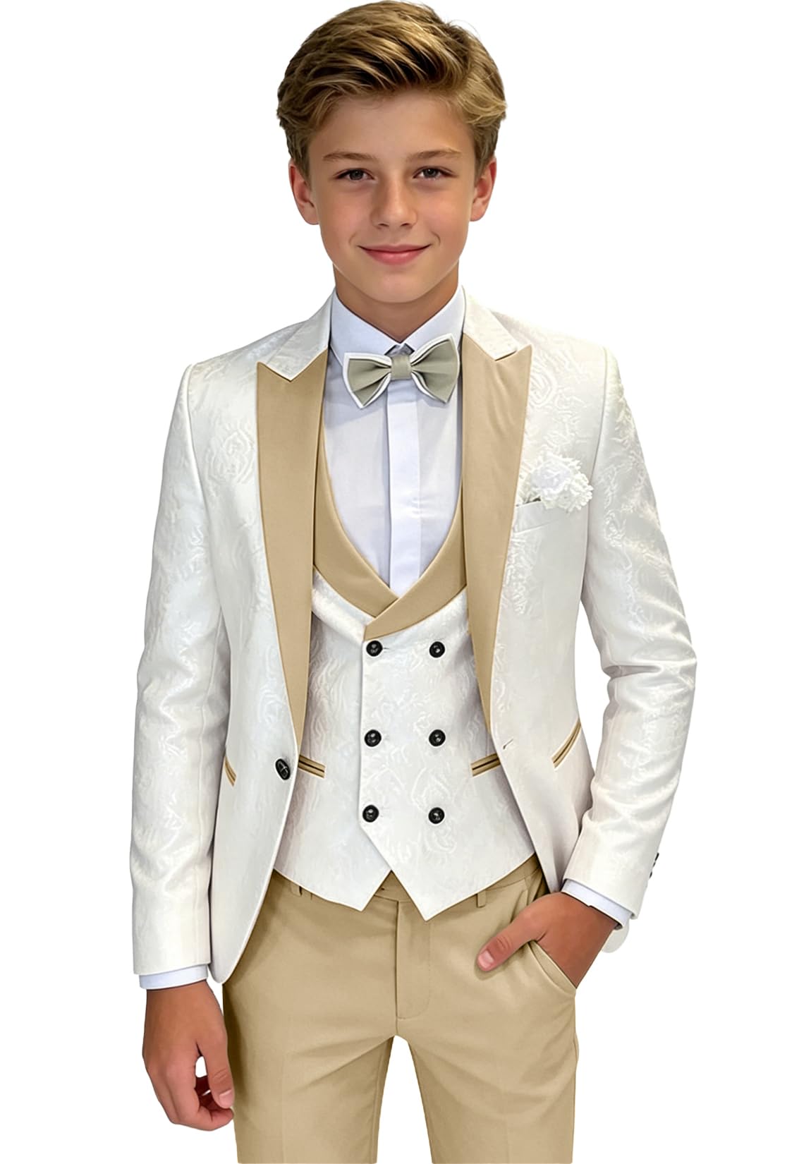 DHTS Boys Tuxedo Suit Slim Fit Jacquard Dress Suits for Kids 4 Piece Set