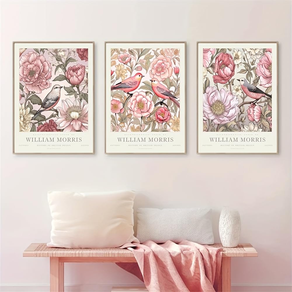 GLWDMB 3 Pieces 30x40cm Nordic Plant Botanical Wall Painting Set, William Morris Pink Flowers, Leaf, Bird Canvas Prints and Posters, Wall Pictures for Living Room Bedroom(with inner frame)