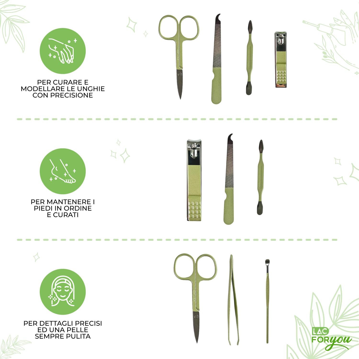 LAC FOR YOU Set Manicure 7 Pezzi – Kit per Unghie e Pedicure Professionale per Donna e Uomo, Set da Viaggio – Verde